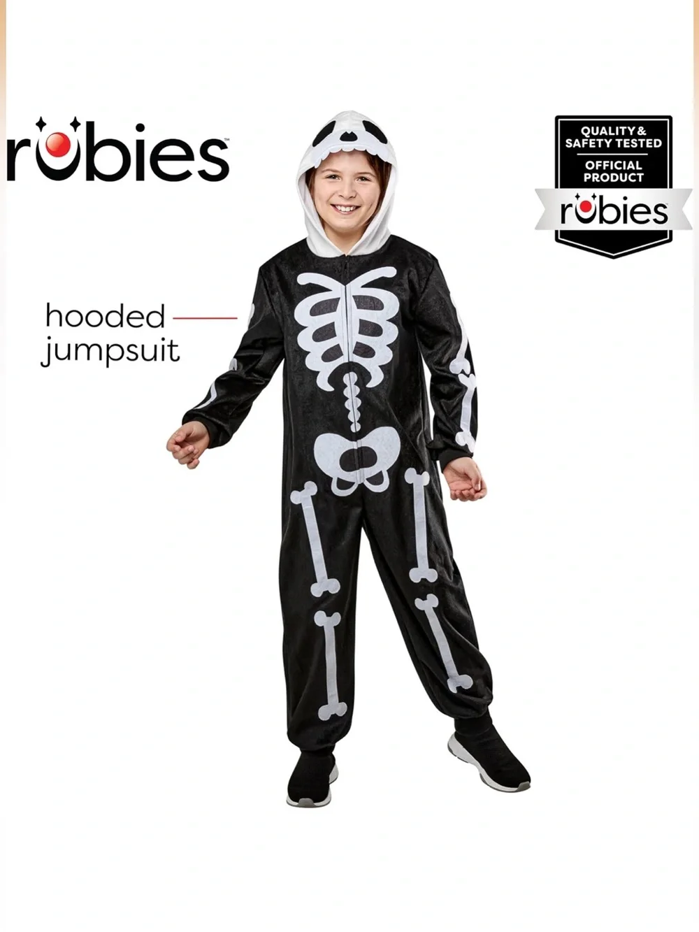 Rubie's Black Skeleton hooded Jumpsuit Costume with White Bone Print Lg|XL